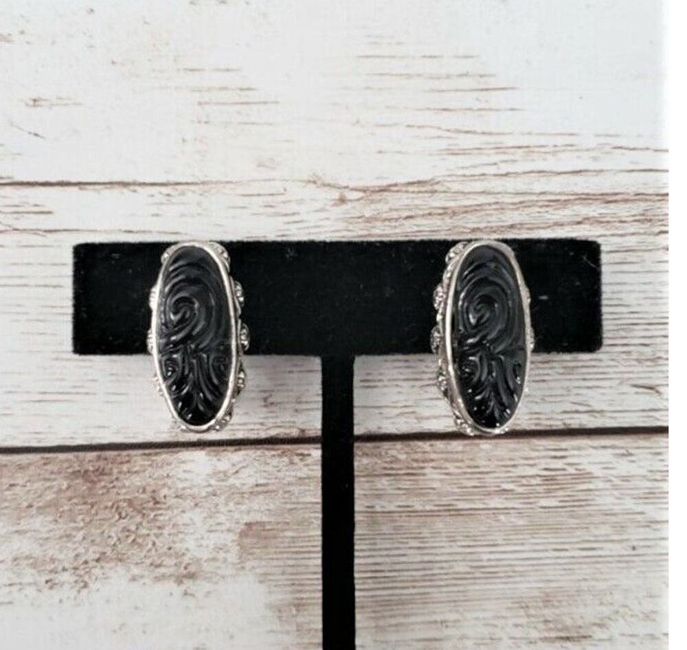 Vintage Clip On Earrings Unusual Black & Silver Tone Ornate Statement